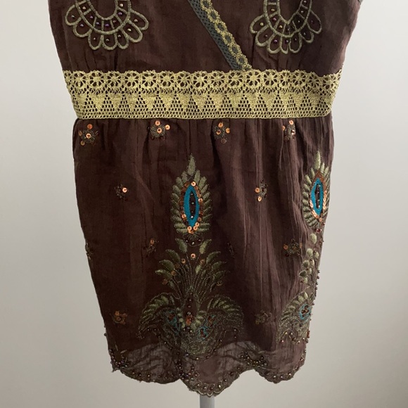 Hazel Brown Boho Beaded Sequin Lace Top Size M - Picture 3 of 8